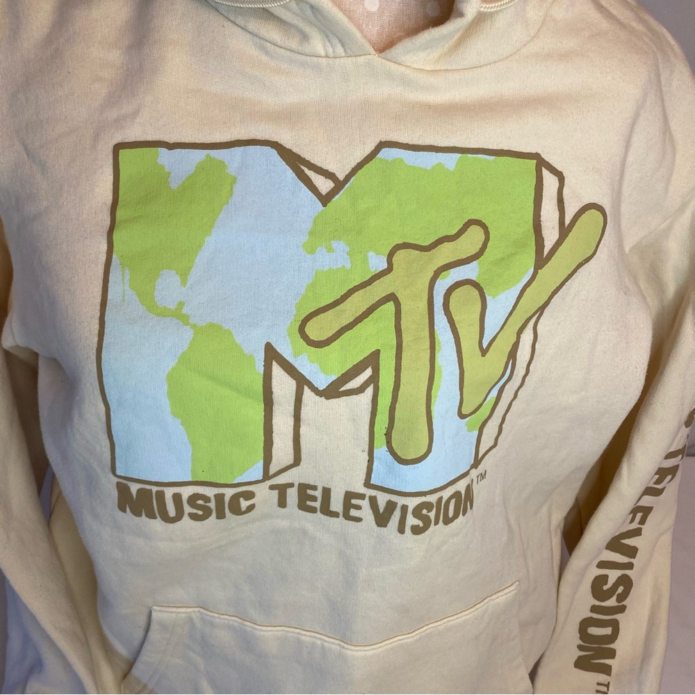 MTV logo hoodie beige size medium unisex front pocket